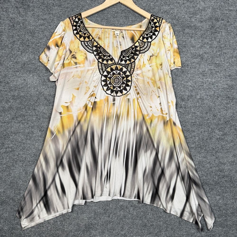 World Unity Size 1X Tunic Top Yellow Ombre Floral Boho Stretch Handkerchief Hem